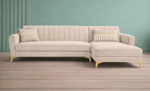 Image of Adorn India Premium Luster 6 Seater L Shape Sofa Set | Velvet Suede Fabric | 3-Year Warranty | RHS |Color Cream with Golden Legs & Striped Pattern Cushion