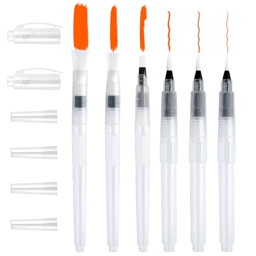 6 Stück Wassertankpinsel Aquarell Wasserpinsel Stifte Set Pinsel mit Wassertank Watercolor Brush Pen Wasserfarben Pinselstifte für Wasserfarbenmalerei Farbmischen Und Kalligraphie Malen