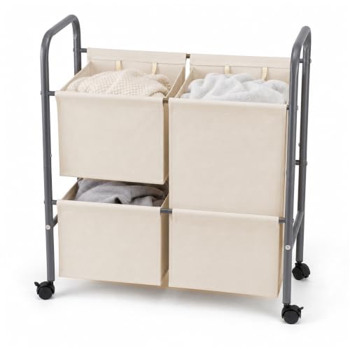 130L Laundry Hamper with Wheels, 3 Section Laundry Sorter Cart with Removable Bags, Rolling Clothes Hamper with Waterproof Lining, Sturdy Freestanding Canvas Laundry Basket for Laundry Room, Beige