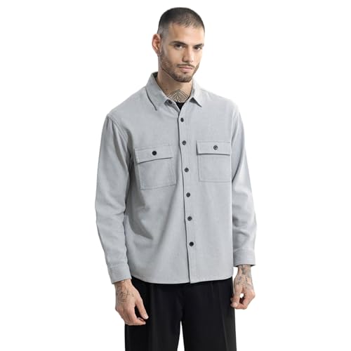 Image of SNITCH Light Grey Solid Cotton Shacket Shirt