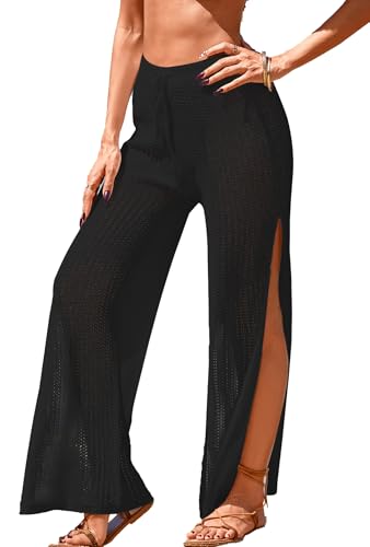 Womens Crochet Knit Elastic Waist Beach Coverup Pant Summer 2025 Side Slit Sheer Bathing Suit Cover Up Pants