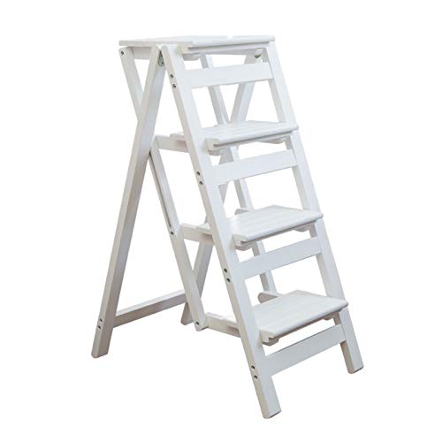 Taburete plegable de madera para escalar, 4 escalones, multiusos, portátil, para el hogar y la cocina, ahorra espacio, silla blanca
