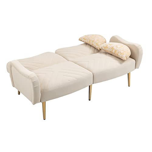 Homtique Futon Sofa Bed, Convertible Sleeper Sofa With 2 Bolster Pillows, 64.9" W, Modern Upholstered Small Splitback Loveseat Sofa For Living Room, Bedroom, Dorm, Office, Beige #TOP3