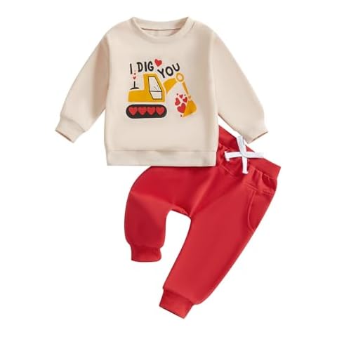 BeQeuewll Baby Boy Valentines Day Outfit Love Clothes Long Sleeve Truck Letter Sweatshirt Jogger Pants Outfits Winter Spring (Truck Dig Apricot, 4-5T) Cover