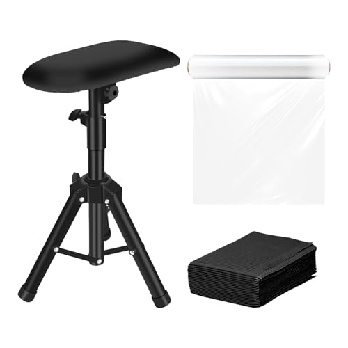 ATOMUS Armrest Stand and Legrest with Black Tattoo Pad 18.5 * 35 * 4cm Adjustable Height Chair Frame Non-Slip Base Square 30cm*100m Cling film 20pcs Tattoo Tablecloth