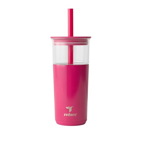 REDUCE Aspen 20 oz Vacuum Insulated Glass Tumbler with Lid & Extra Wide Straw - Keeps Drinks Cold for 12 Hrs - Ideal for Iced Coffee, Smoothies & Boba - Dishwasher Safe, Soft Base - Dragonfruit