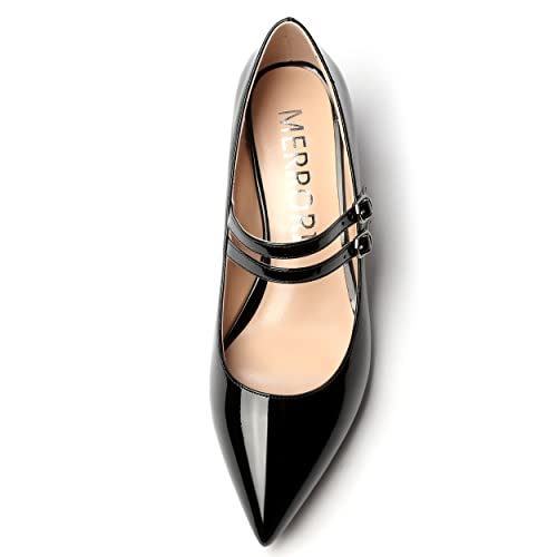 MERRORI Women's Block Pointed Toe Solid Buckle Adjustable Strap Patent Chunky Low Heel Pumps Shoes 2 Inch3