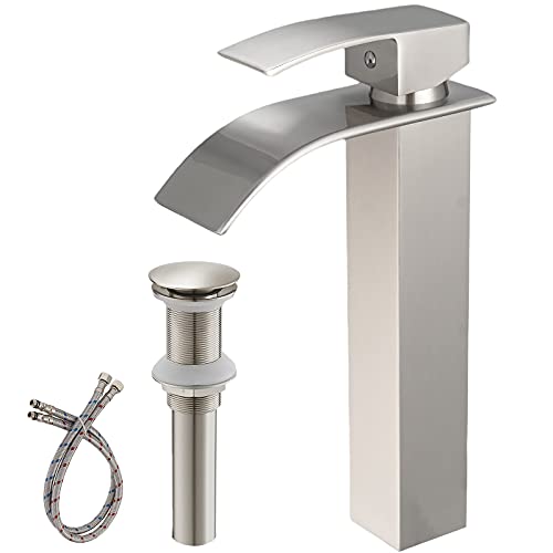 BWE Vessel Sink Faucet Modern Waterfall Brushed Nickel Single Hole Bathroom Faucet Single Handle with Pop up Drain Without Overflow Assembly Vanity Basin Bath Sink Faucets Mixer Tap