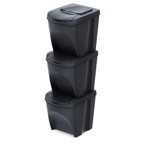 Juego de 3 cubos de basura, sistema de separación de basura, caja organizadora de plástico, antracita, 39,2 x 29,3 x 33 cm