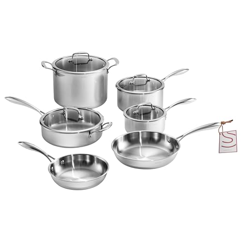 Image of 10 Pcs Stainless Steel Pots and Pan Sets for Various Cooking Needs | 5 Ply Clad, Compatible with All Cooktops, PTFE, PFAS and PFOA Free, Dishwasher Safe, Oven Safe Up to 800F