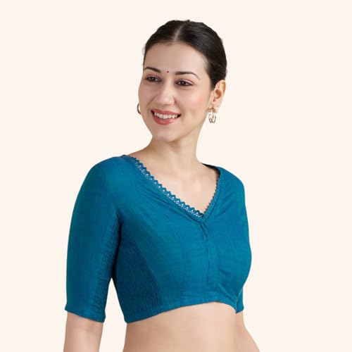 Image of Studio Shringaar Women's Handloom Cotton Side Stretchable (Smocked) Readymade Saree Blouse with Crochet Neckline