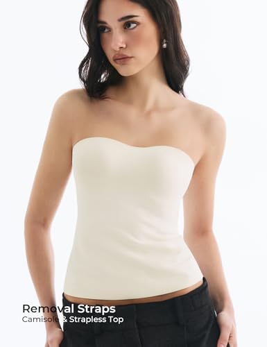 Lehoba Bulit-in Bra Tank Tops for Women,Seamless Spaghetti Strap Padded Womens Camisole Tops, Cream M - 3