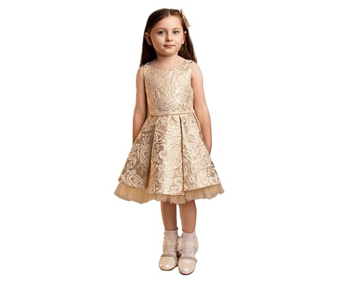 Vestido de brocado dorado para niña con elegante lazo y tul