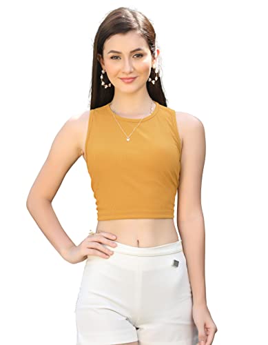 Image of OM SAI LATEST CREATION Women's Ribbed Boat Neck Crop Top Sleeveless Readymade Saree Blouse