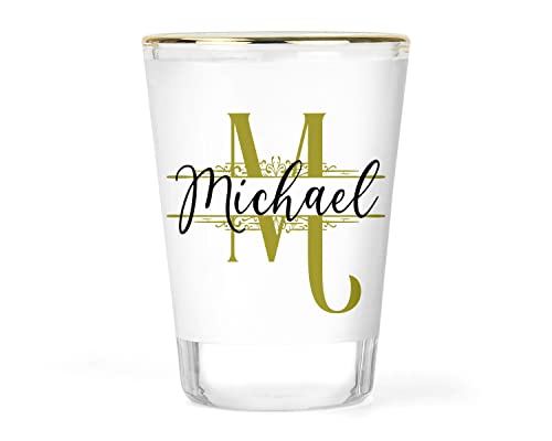 Custom Shot Glass Monogram Glassware Customizable Shots Monogramed Glasses Initial Shooter Gift Gifts Idea Ideas for Him Personalized Unique Collectible Gold-rimmed Shotglasses 1.5 ounce Keepsake