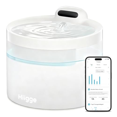 Hiigge - Hiigge Katzenbrunnen Kabellos [96 Tage Akku] Trinkbrunnen für Katze mit Bewegungsmelder,BPA-Frei Katzen Wasserbrunnen,2.3L Transparente Eimer & Ultra-Leise Wasserpumpe,Intelligentes App-Steuerung,Weiß