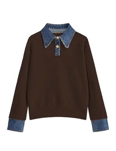 Image of Womens Denim Lapel Sweater Oversized Long Sleeve Button Down Polo Knit Pullover Sweaters 2025 Fall Outfits