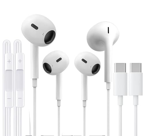 USB-C-Kopfhörer für iPhone 16, 2 Stück, USB-C-Ohrhörer mit Mikrofon und Geräuschunterdrückungs-Fernbedienung für iPhone 16/16 Pro/16 Pro Max/15 Pro, iPad Pro, Galaxy...