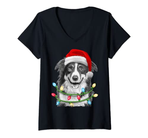Mujer Border Collie Santa Christmas Tree Lights Xmas Boys Men Dog Camiseta Cuello V