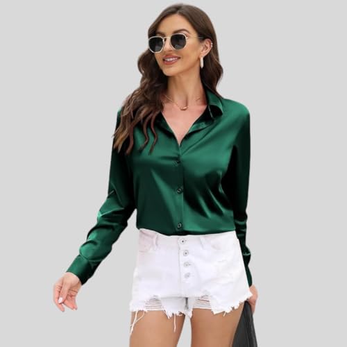 Image of IndoPrimo Women's Satin Shirt with Spread Collar Neck Line Solid Pattern Full Sleeves Regular Fit Western Style and Standard Length