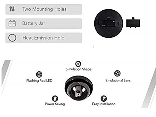 Image of Dummy Fake Security CCTV Dome Camera with Flashing Red LED Light with Security Alert Sticker Decals, Black