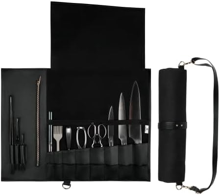 Retrieved Tools Durable Waxed Canvas Knife Roll Bag - 16 Total Slots for Knives & Kitchen Tools, A Large Zipper Pocket for Cutlery - Blades Case, Portable Black Pouch for Traveling and Camping, BBQ