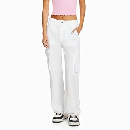 Pantalon cargo taille haute femme avec plusieurs poches coupe ajustée évasée