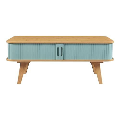 Mesa de centro rectangular con tablero de esquinas redondeadas y compartimentos de bambú 6