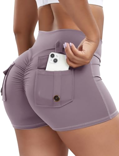 SEASUM Women Pocket Shorts Scrunch Butt Workout Cargo Shorts V Waist Yoga Booty Lifting Gym Bottoms Orchid M