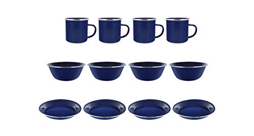 Camping Dinnerware 4-Person Set, 12 Items - 4 ea of 24 oz Mugs 6\" Bowls & 10\" Plates Metal w/ Blue Enamel Finish