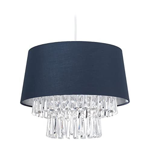 Relaxdays Lampadario con Cristalli, Paralume Rotondo in Stoffa Attacco E27, Lampada Soffitto, HxD 130 x 32 cm, Blu Scuro