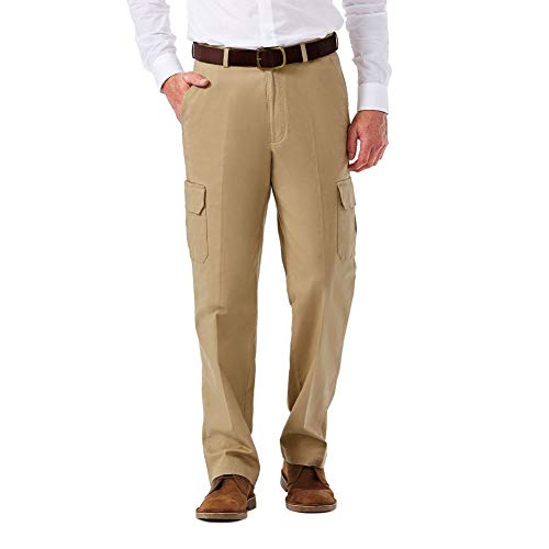 Haggar mens Stretch Comfort Cargo Expandable Waist Classic Fit Plain Front Casual Pants, Khaki, 44W x 29L US