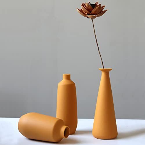 Abbittar Ceramic Vase Set Of 3, Minimalistic Style Flower Vase For Rustic Home Decor, Modern Farmhouse Decor, Living Room, Shelf Decor, Table Decor, Bookshelf, Mantel And Entryway Decor-Orange/Yellow #TOP1