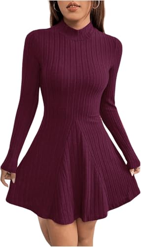TrendiMax Damen Kleid Herbst Winter Freizeitkleid Langarm Minikleid Skaterkleid A Line Pullover Kleid Kurz Partykleid Winterkleid (XL, Lilarot)