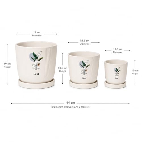 Image of Xtore Refreshing Botanical Ceramic Planter Set with Drainage Saucers | Decorative Planter Pots for Living Room & Modern Plant Display (Set of 3, Ivory Beige - Planters only)