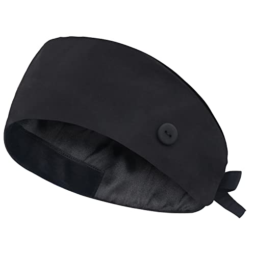 Image of Adjustable Scrub Cap with Button, Satin-Lined Cotton Scrub Hat Sweatband, Elastic Working Hat Unisex, One Size