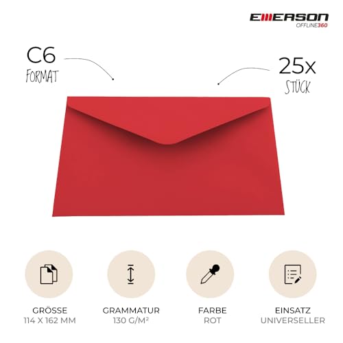 Emerson Briefumschläge bunte postkarten blanko C6 (25 Stück) Kuvert, blanko karten zum selbstgestalten, Grußkarten - 130g 114x162 mm, mit beiliegenden gefalteten Karten 210g 105x148 mm - Rot