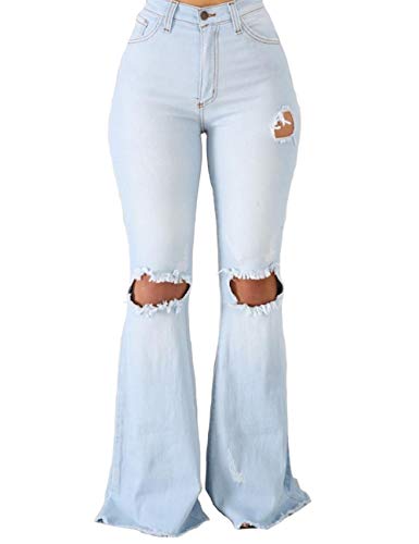 Women's High Rise Knee Ripped Flared Jeans Trousers Washed Stretch Distressed Wide Leg Denim Jeans Pants2