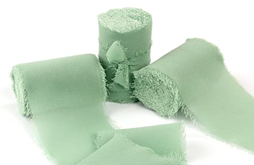 Joycrosso 3 Rolls Handmade Fringe Chiffon Ribbon Frayed Edges Mint Ribbon 60mmX4.5Meter