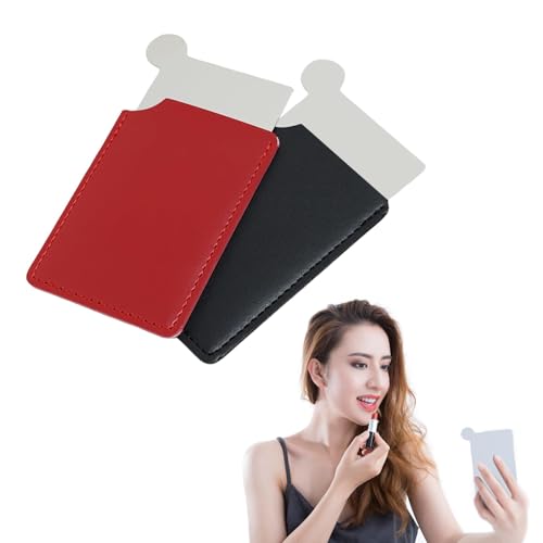 2 Piezas Espejo Pequeño Ultrafino y Duradero Inoxidable, Espejo de Bolsillo en Formato de Tarjeta, Espejo de Viaje portátil con Funda Cuero PU, Espejo de Maquillaje (93 x 53mm, Funda protectora roja)