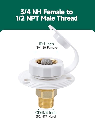 Image of STMOUTUO RV City Water Inlet with Check Valve - 3 /4 inch NH Female to 1 /2 inch NPT Male Brass Flange | Optional Hose Elbow | Lead-Free, Dust Plug Included | Camper /Trailer /Marine Water Hookup.