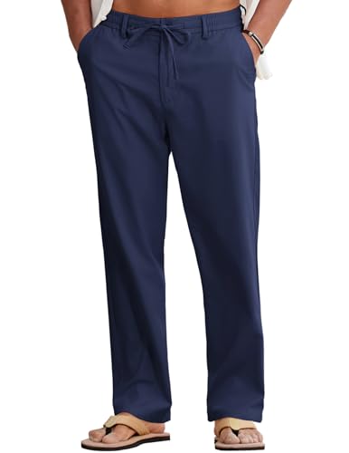 COOFANDY Mens Cotton Linen Pants Casual Drawstring Summer Beach Pants Lightweight Linen Dress Trousers Navy Blue