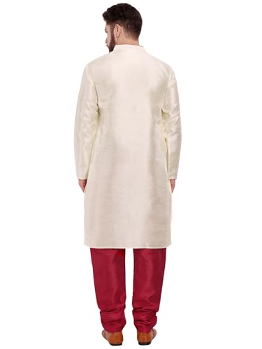 Image of SKAVIJ Mens Silk Blend Kurta Pyjama Set(Off White Large)