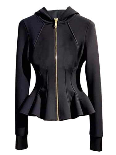 WDIRARA Women's Zip Up Hoodie Sweatshirts Ruffle Hem Cinched Waist