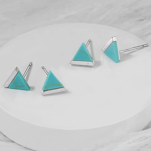 Sterling Silver Natural Turquoise Stud Earrings, 1/10cttw Diamond and Triangle Cut Turquoise Stud Earrings Jewelry Gift for Women4