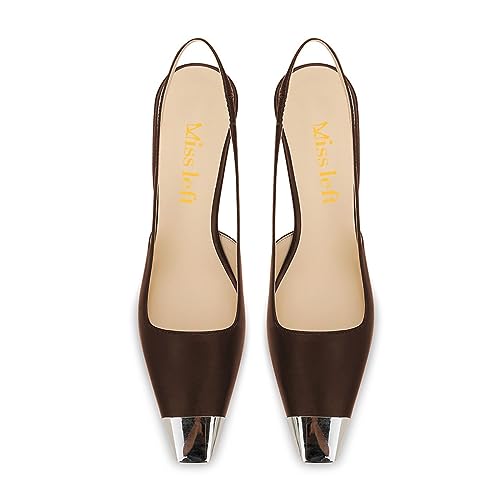 miss left Women Stylish Slingback Square Toe Metal Cap Mid Kitten Heels Slip On Elastic Strap Pumps Versatile Working Prom Shoes Size 4-16 US3