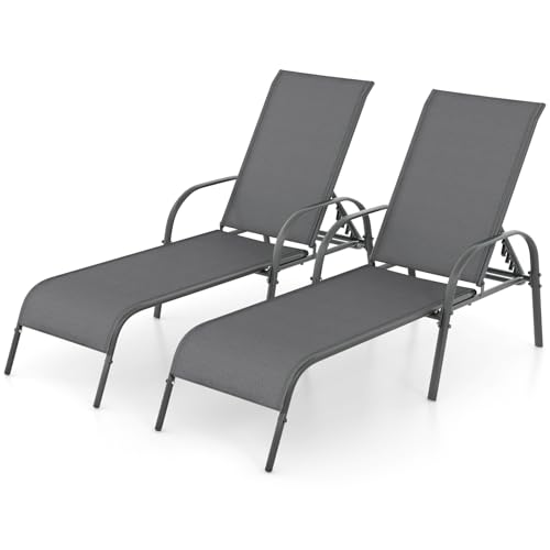 Image of Giantex 2 Pack Patio Lounge Chair, Outdoor Chaise Lounge with 5 Adjustable Backrest, Sturdy Steel Frame, Sunbathing Recliner, Tanning Chair for Beach, Outside, Yard, Balcony, Pool Chairs (2,Dark Gray)
