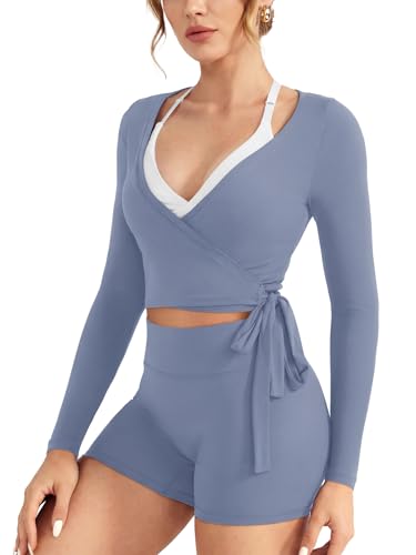 VOYJOY Women Ballet Wrap Top Long Sleeve Dance Tops Y2k Workout Gym Active Blouses Adjustable Tie Shirt, Granite Blue, Small