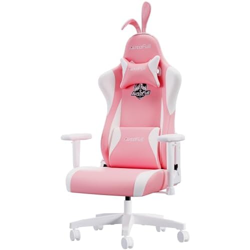 AutoFull C2 Gaming Chair,Ergonomic Wingless Cushion Computer Chair,PU Leather Racing Style Office Chair with Lumbar Support Pillow and Footrest,Pink