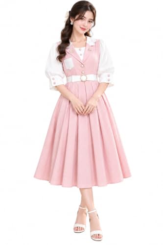 Peace Vintage Midi Dress with White Puff Sleeves & Belt